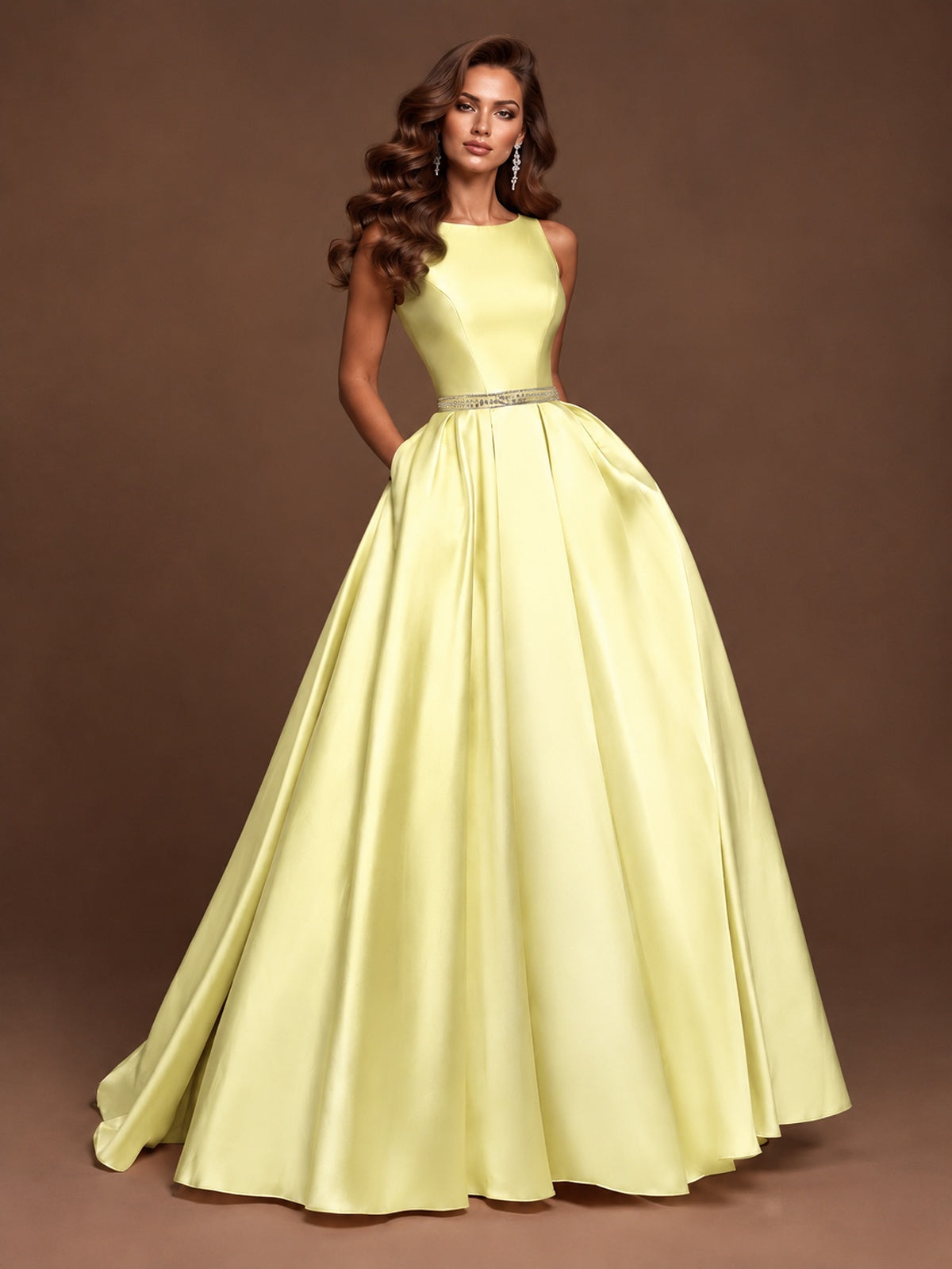 Satin A-Line Prom Dress Sleeveless Beaded Waist Formal Gown with Pockets