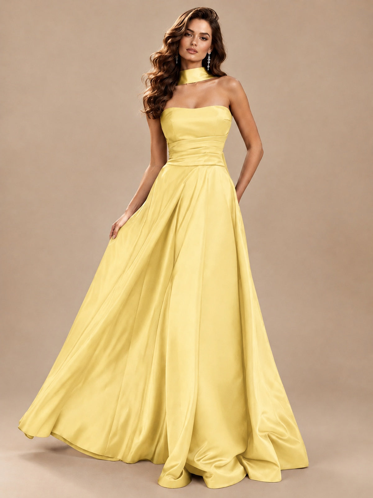 Strapless Prom Dress Side High Slit A-line Formal Dress with Scarf