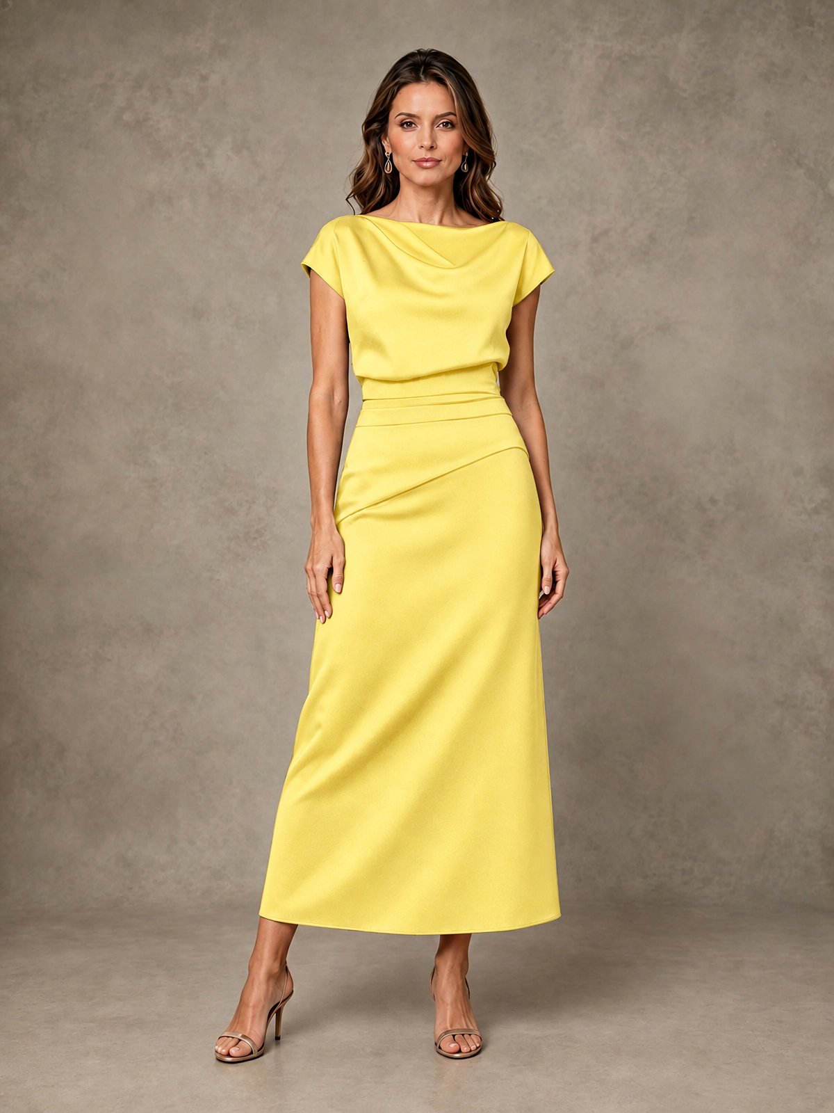 Cowl Neck Satin Mother of the Bride Dress with Ruched Waist