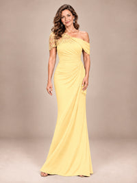 Yellow-Lace One Shoulder Chiffon Ruched Mother of The Bride Dresses