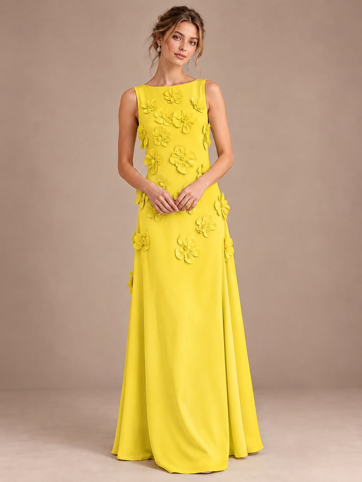 3D Floral Applique Sleeveless Formal Maxi Dress