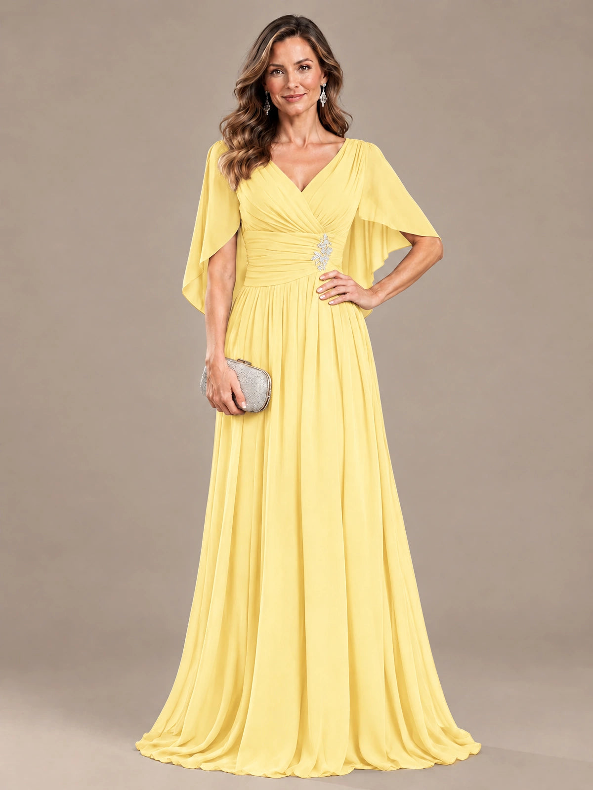 Ruched V Neck Mother of The Bride Dresses with Shawls Appliques and Cap Sleeves