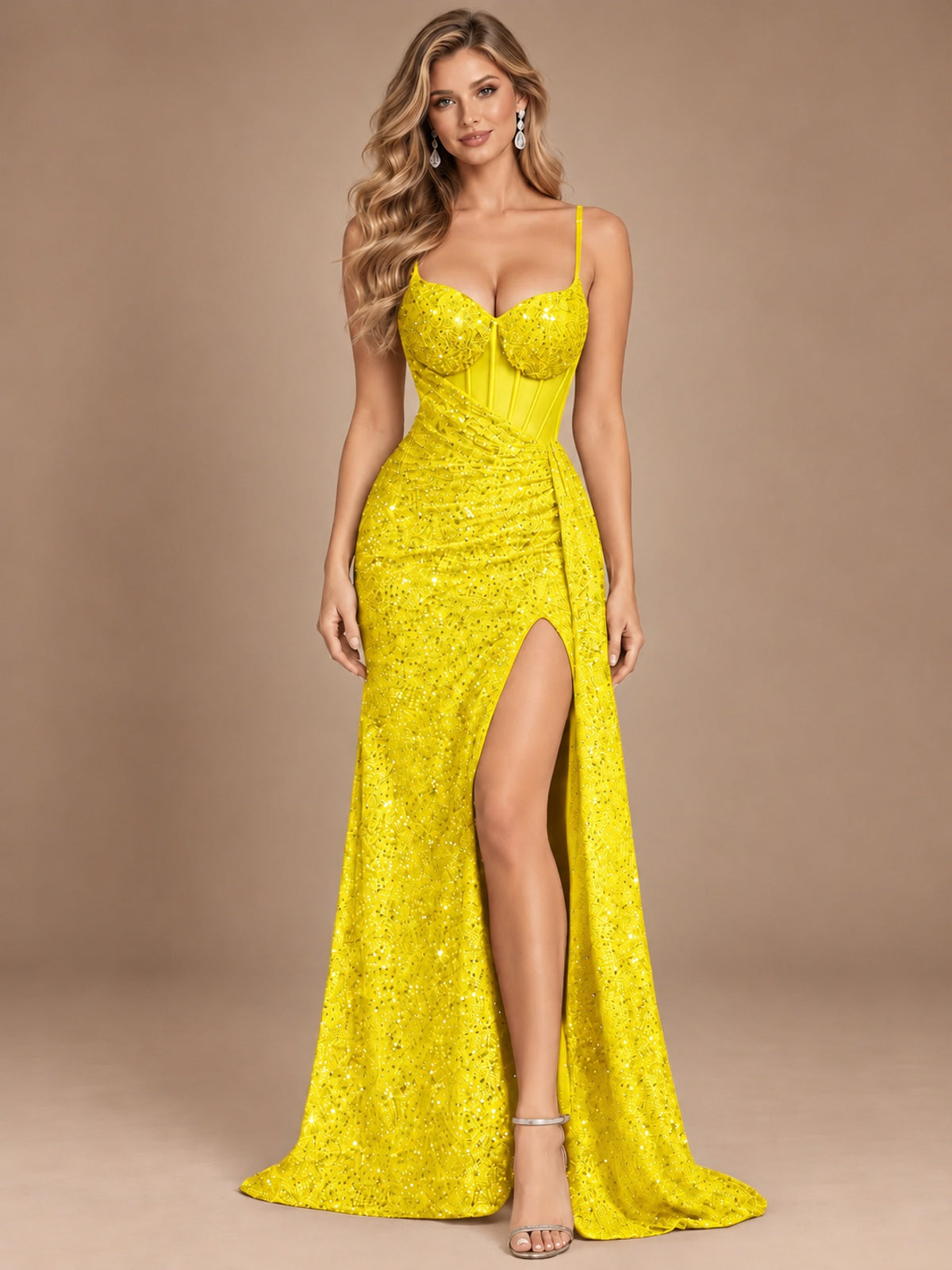 Burgundy Sequin Corset Prom Dress with High Slit