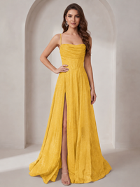Yellow Sparkly Cowl Neck Corset Long Prom Dress with Slit A-line Tulle Ball Gown Formal Evning Party Dress