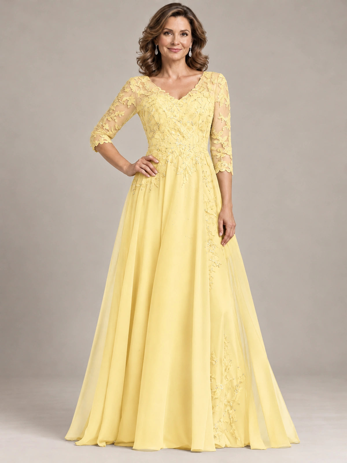 Sequin Lace A-Line Mother of the Bride Dress with 3/4 Sleeves