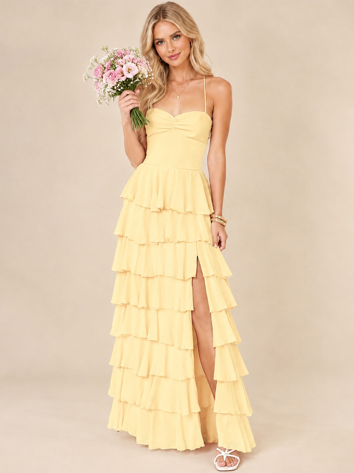 Ruffled Tiered Chiffon Prom Dress Spaghetti Straps Formal Maxi Dress with Slit