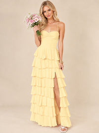Ruffled Tiered Chiffon Prom Dress Spaghetti Straps Formal Maxi Dress with Slit