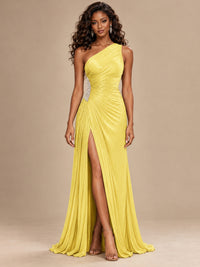 Burgundy One Shoulder Ruched Prom Dress with High Slit & Beaded Waist