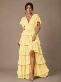 Chiffon V-Neck Tiered Ruffle Bridesmaid Dress with Slit