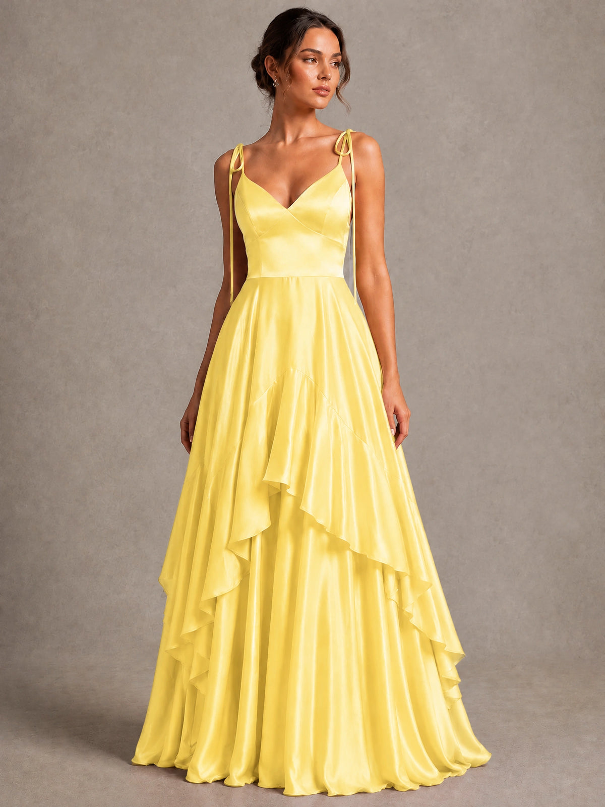 Lavender Satin V-Neck Ruffle Maxi Dress
