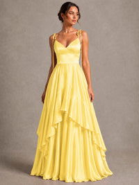Lavender Satin V-Neck Ruffle Maxi Dress