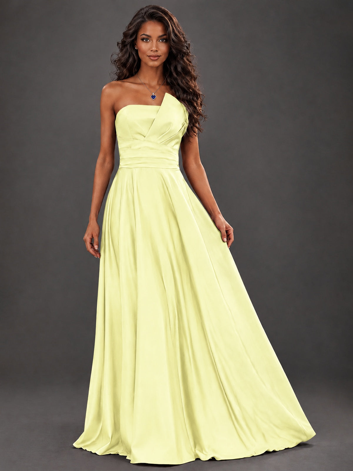 Draped Satin Prom Dress Strapless A-line Formal Dress Floor Length