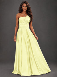 Draped Satin Prom Dress Strapless A-line Formal Dress Floor Length