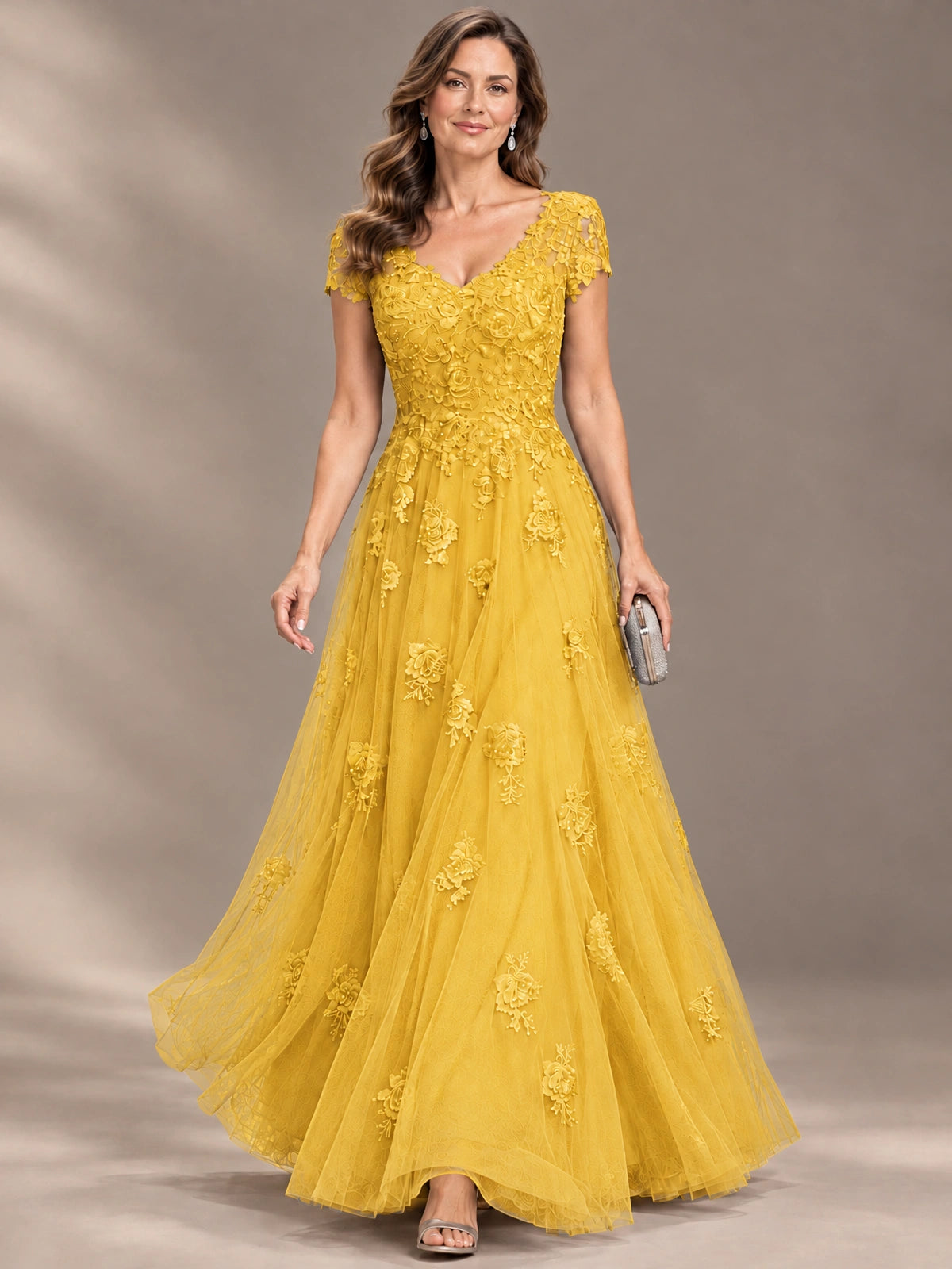 Lace Appliques A-line Mother of The Bride Dresses with Short Sleeves