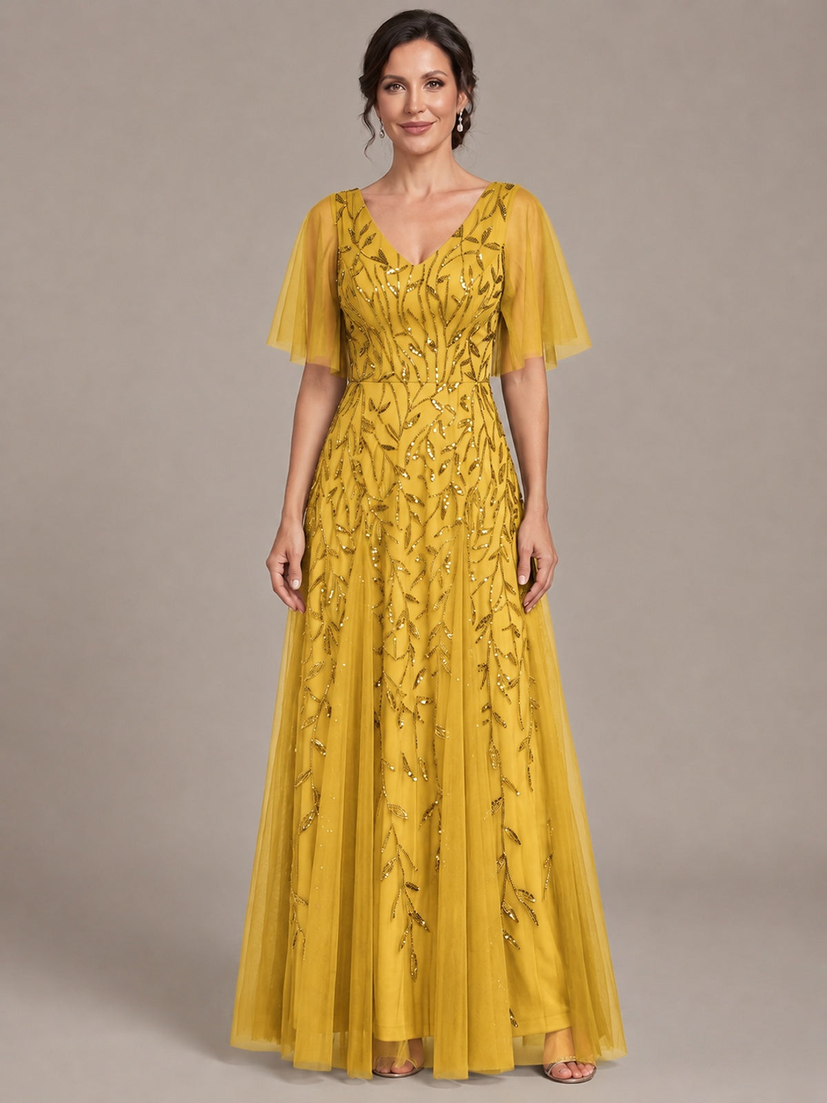 Yellow V-Neck Sequin Tulle Mother of the Bride Dress with Flutter Sleeve A-line Evening Formal Wedding Guest Dress