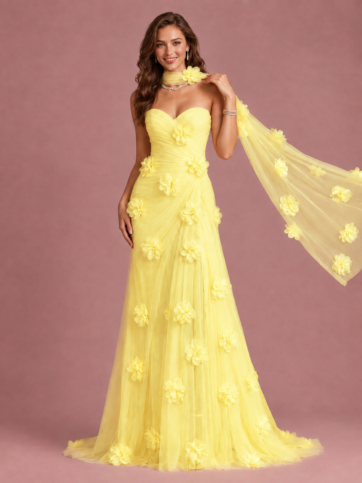 Blush Pink Strapless Sweetheart 3D Floral Tulle Mermaid Prom Dress