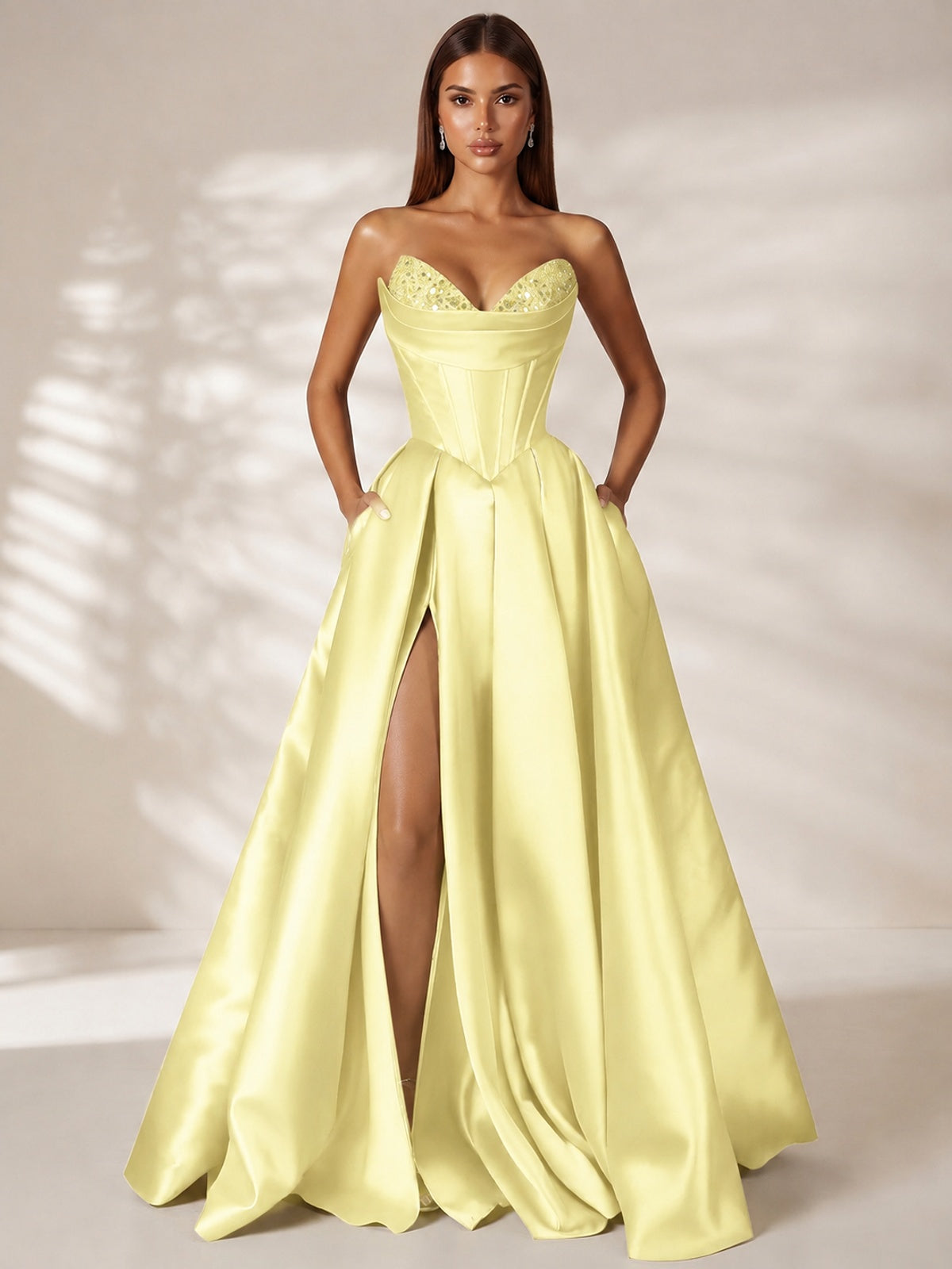 Yellow Strapless Corset Satin Prom Dress Long Evening Gown with High Slit