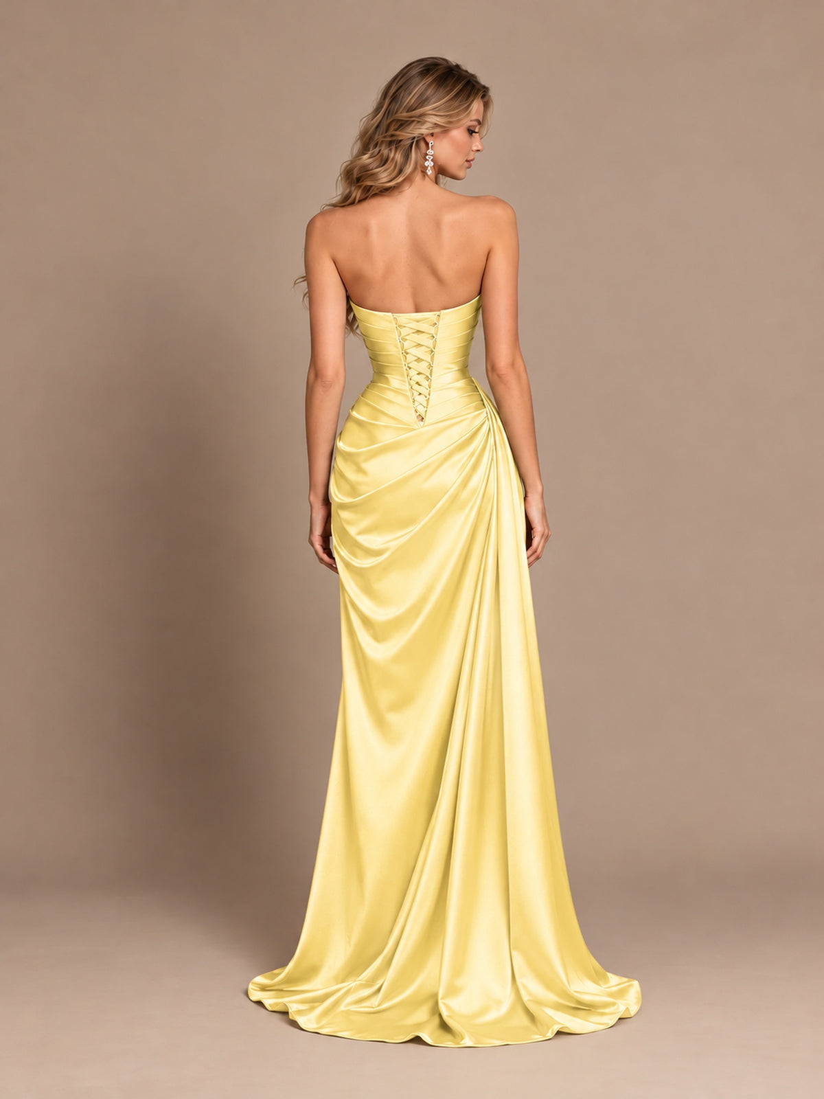 Dusty Blue Strapless Satin Prom Dress with Ruched Bodice and Slit