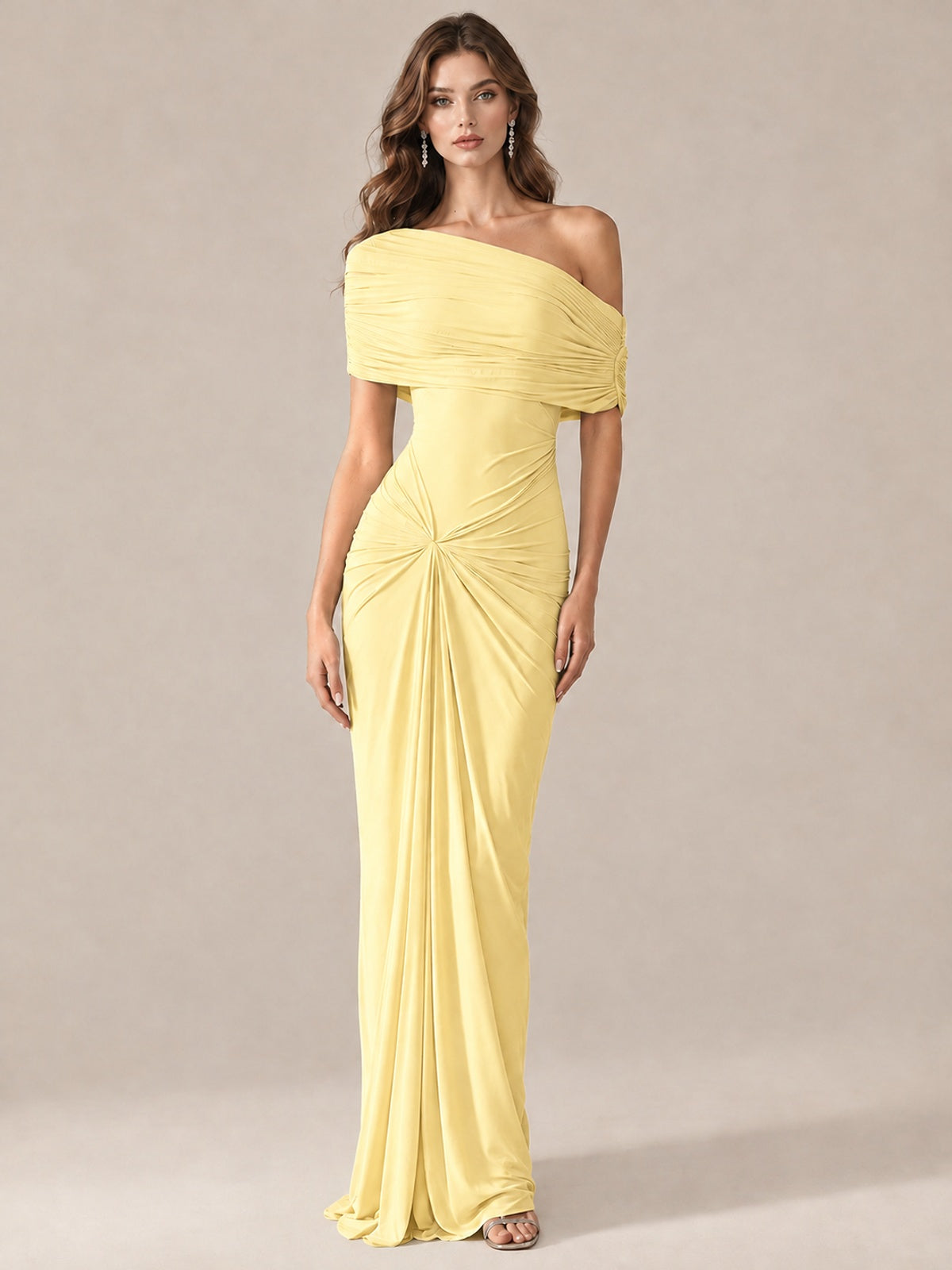 Elegant Draped Off Shoulder Ruched Mermaid Chiffon Formal Evening Gown