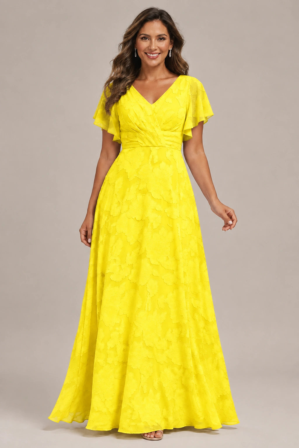 Jovellee Floral Chiffon A-Line Mother of the Bride Dress with Flutter Sleeves