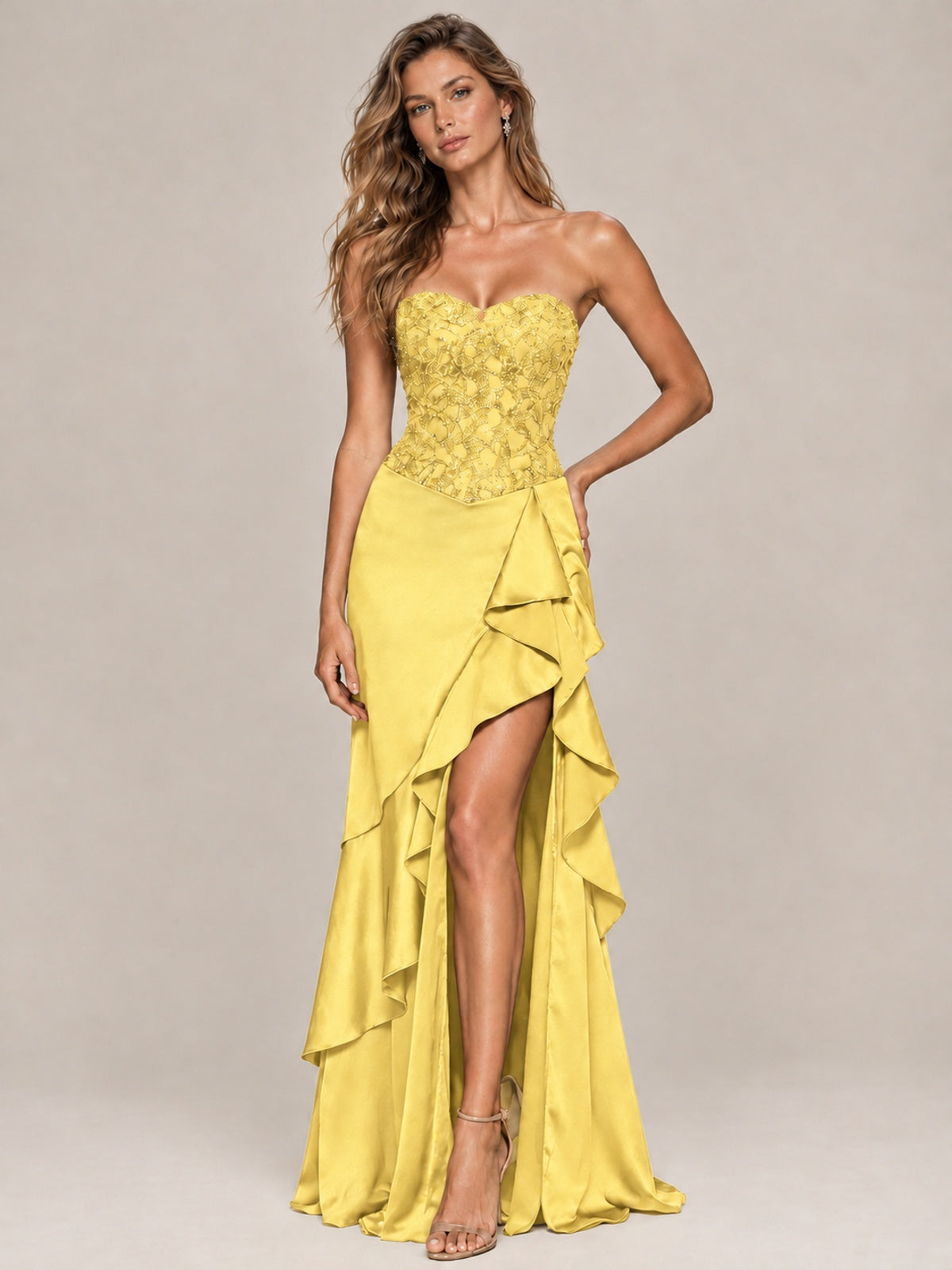 Strapless Lace Appliques Corset Satin Prom Dress Ruffle Slit Evening Gown