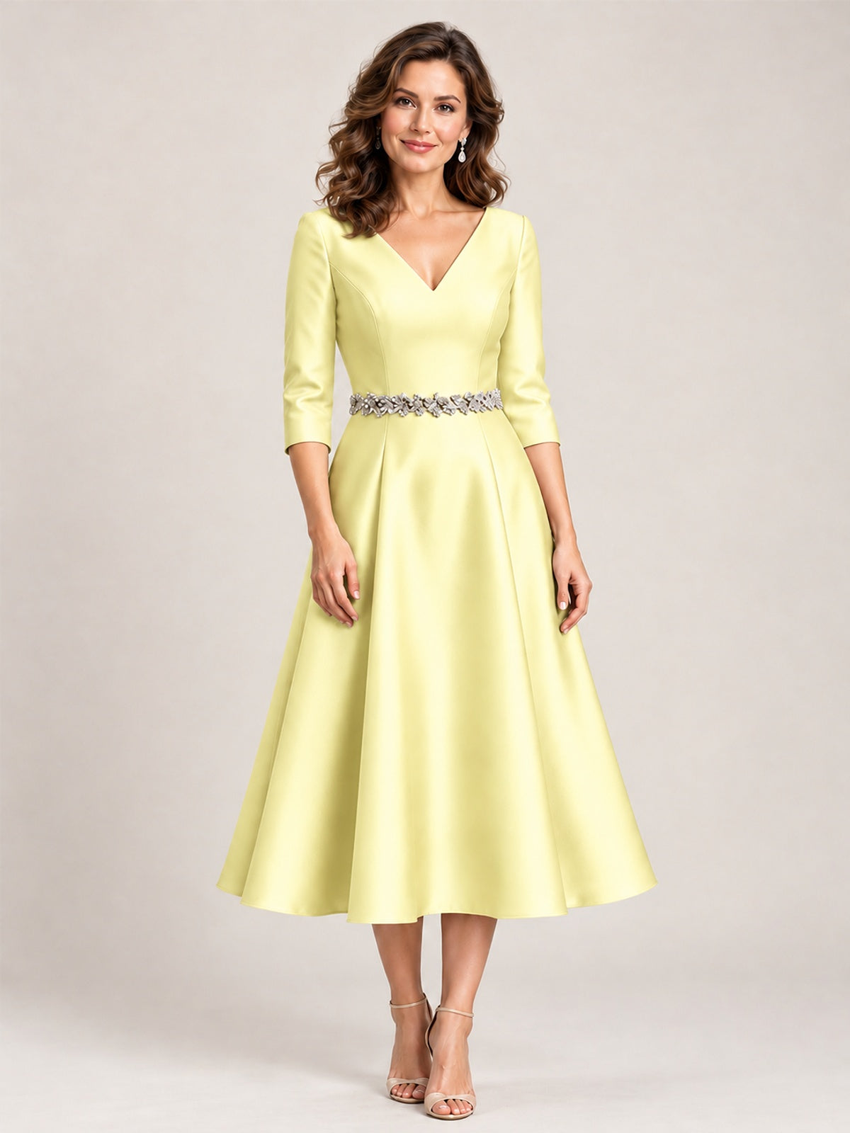 Yellow V-Neck Tea-Length Mother of the Bride Dress with Embellished Waist