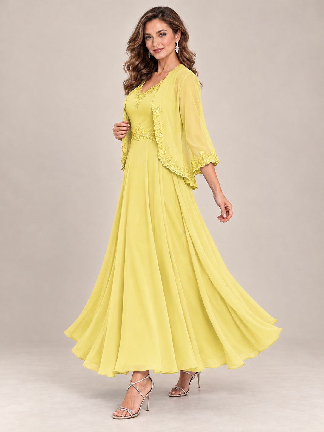 Dusty Blue Floral Lace Chiffon Mother of the Bride Dress with Jacket
