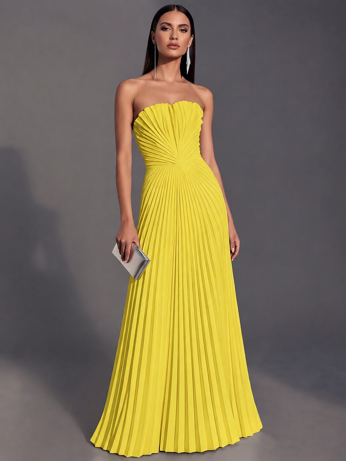 Yellow Strapless Pleated Satin Prom Dress Long Formal Gown Evening Dress