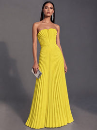 Yellow Strapless Pleated Satin Prom Dress Long Formal Gown Evening Dress