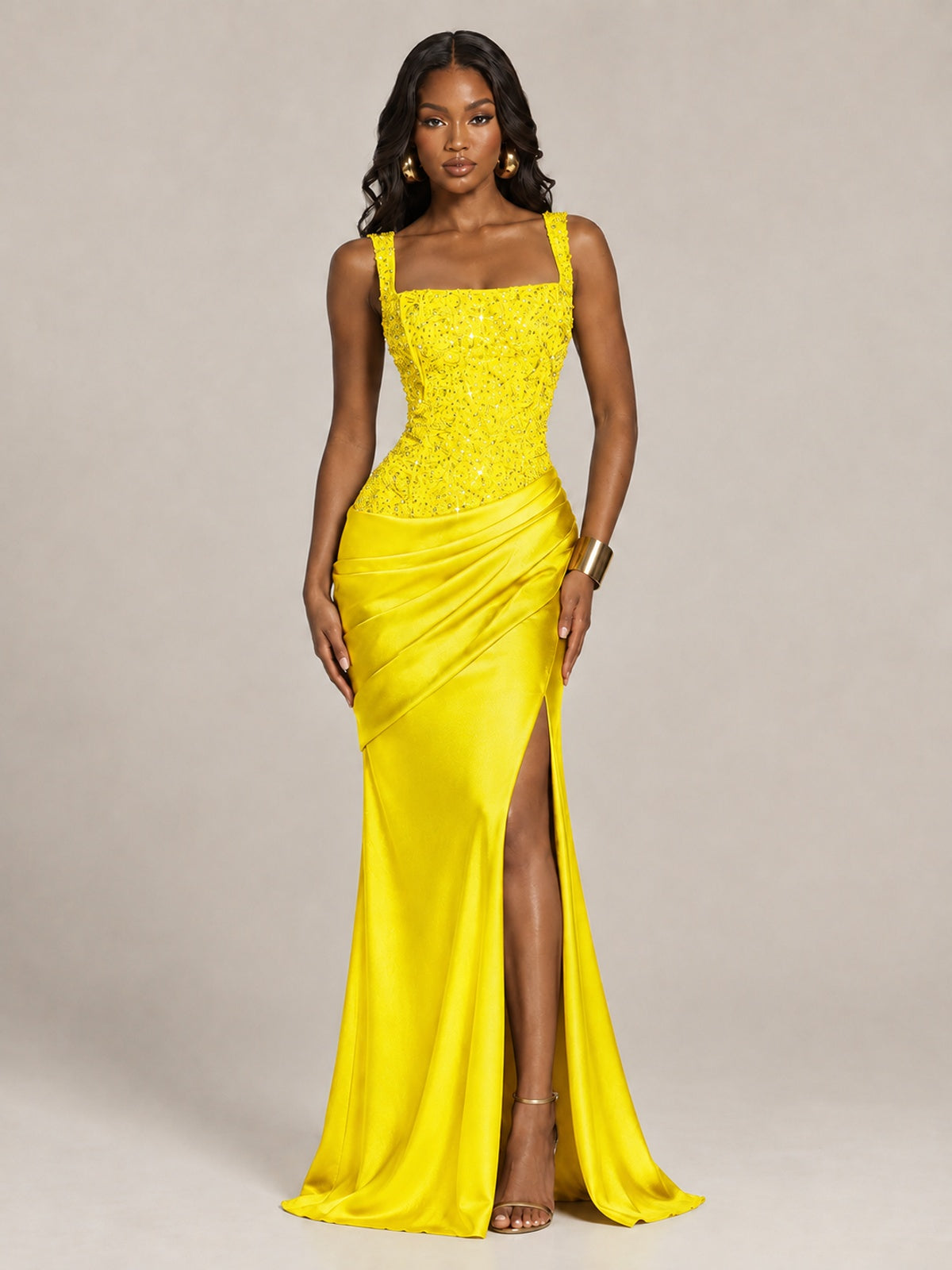 Scoop Neck Sequin Prom Dress with High Slit Satin Formal Gowns