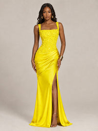 Scoop Neck Sequin Prom Dress with High Slit Satin Formal Gowns