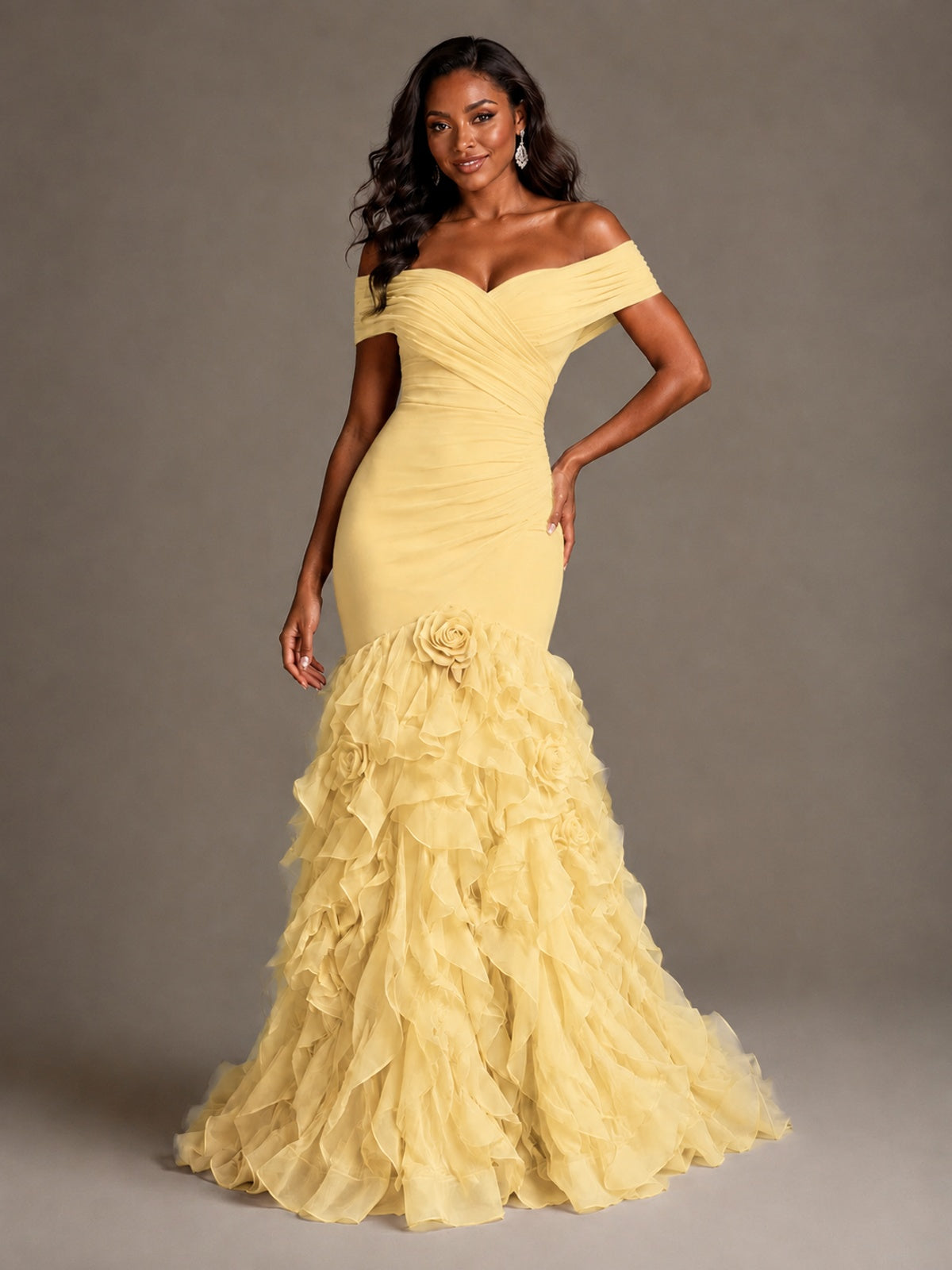 Pink Off-the-Shoulder Mermaid Prom Dress with Ruffles 3D Flowers