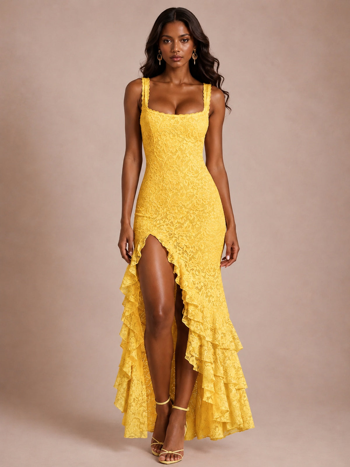 Square-Neck Lace Ruffle High-Low Maxi Dress