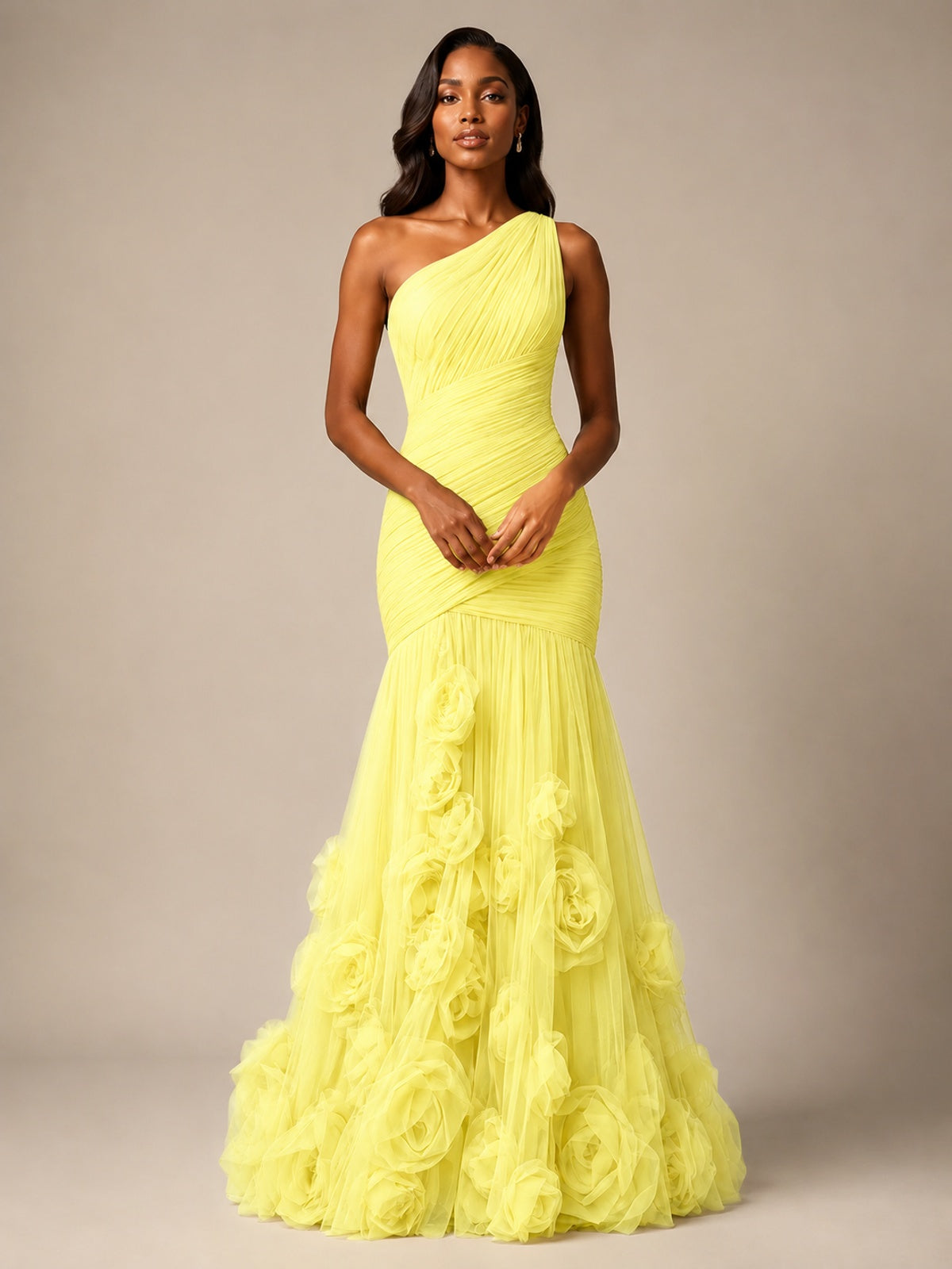 Blush Pink One Shoulder 3D Floral Mermaid Prom Dress