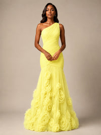 Blush Pink One Shoulder 3D Floral Mermaid Prom Dress