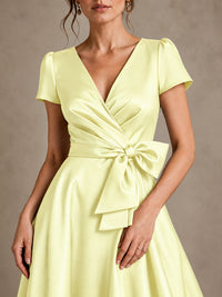 V-Neck Tea-Length Satin Mother of the Bride Dress with Bow