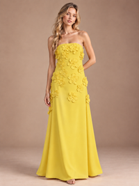 Yellow-Strapless 3D Floral A-line Satin Prom Maxi Dress Formal Evening Gown