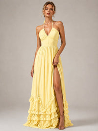 Halter V Neck Chiffon Formal Dress with Lace-Up Back and Ruffle Hem