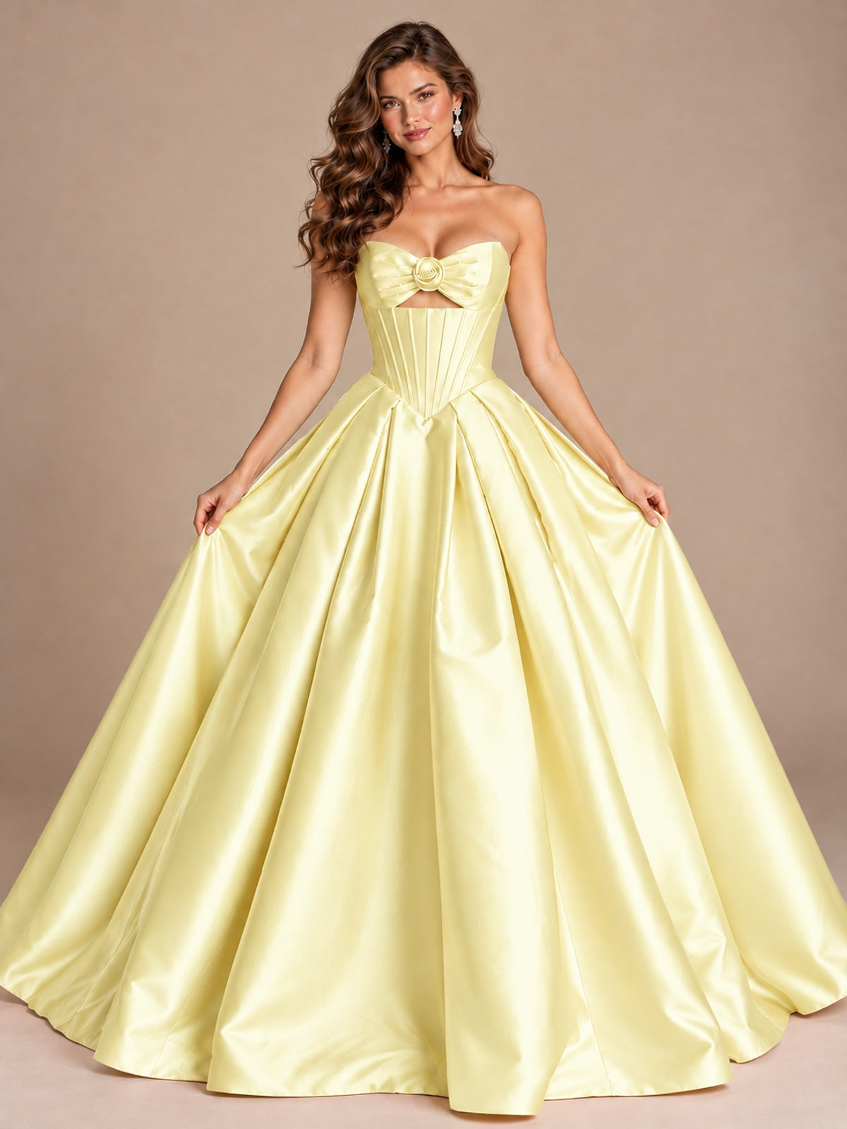 Pink Strapless Corset Satin Prom Derss & Ball Gown with 3D Floral