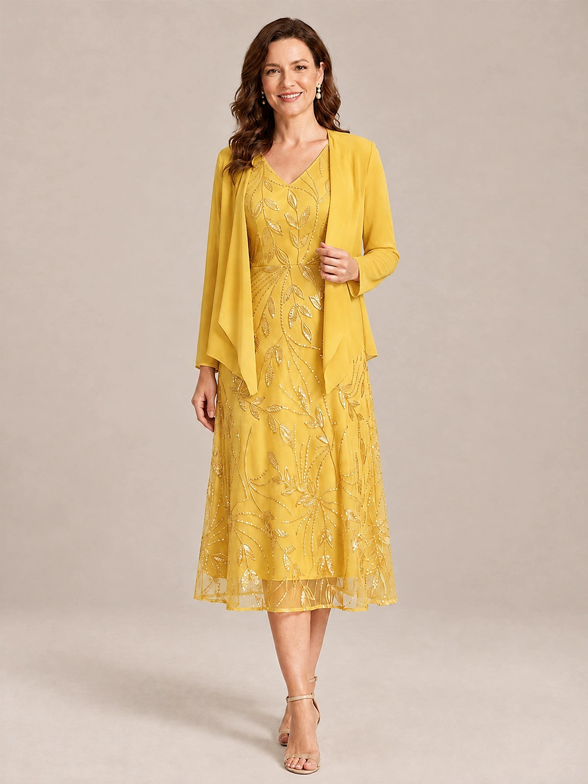 Yellow-2 Piece Lace Appliques Chiffon Mother of The Bride Dress with Sequin