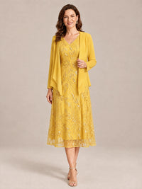 Yellow-2 Piece Lace Appliques Chiffon Mother of The Bride Dress with Sequin