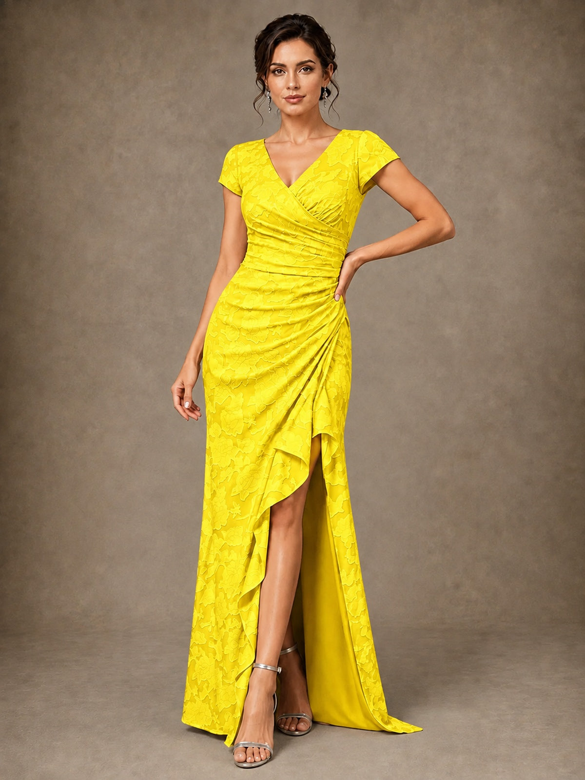 V-Neck Floral Jacquard Mother of the Bride Dress with Slit