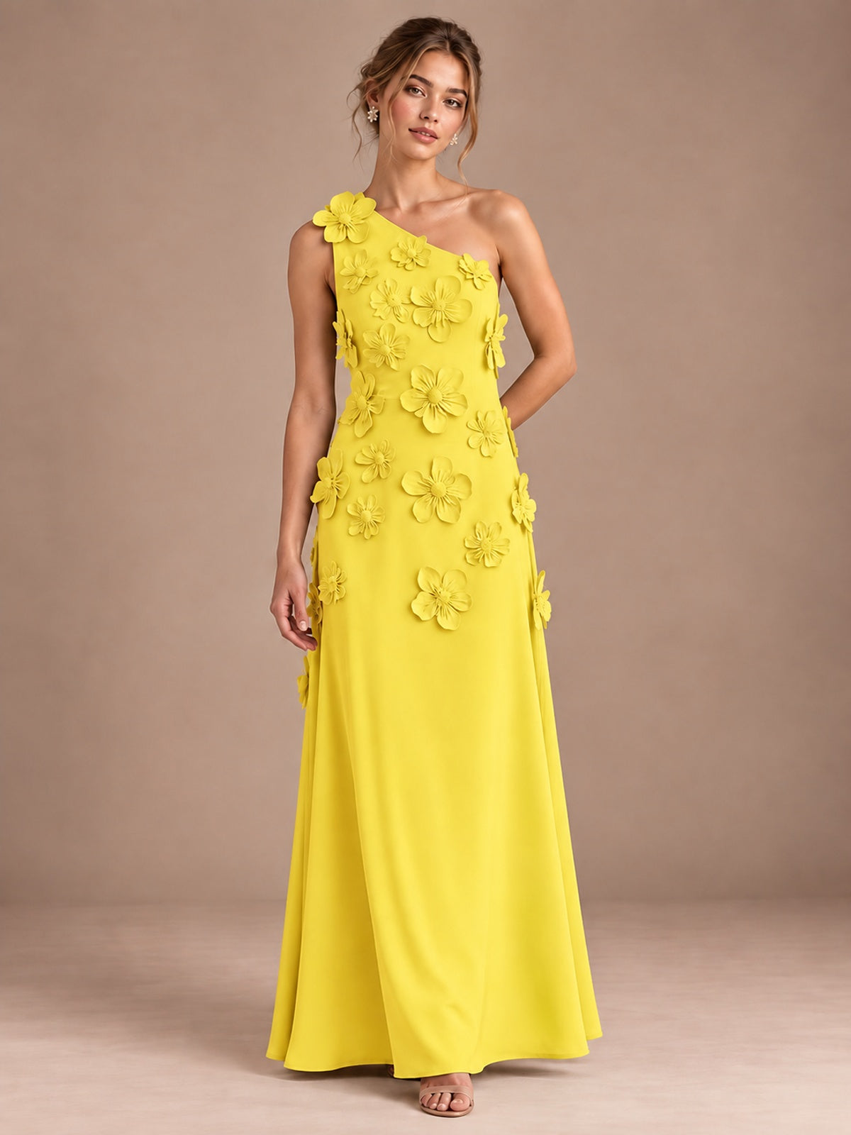 Yellow- One Shoulder Satin Formal Maxi Dress with 3D Floral