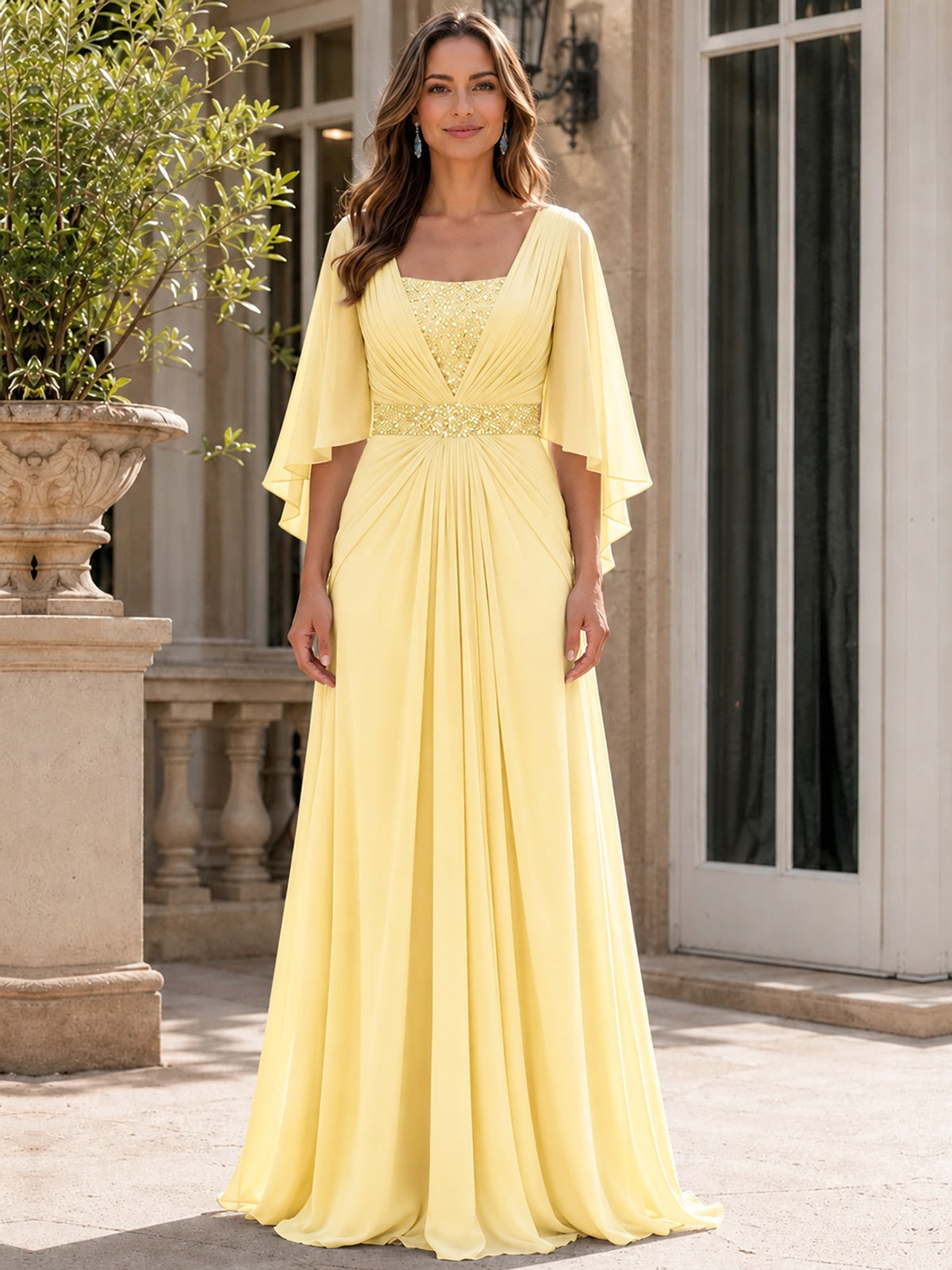 Elegant V-Neck Sequined Chiffon Mother of the Bride Dress with Flutter Sleeves