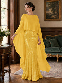 Sequin 2 Pieces Mother of the Bride Dress with Cap Sleeves Chiffon Formal Gowns