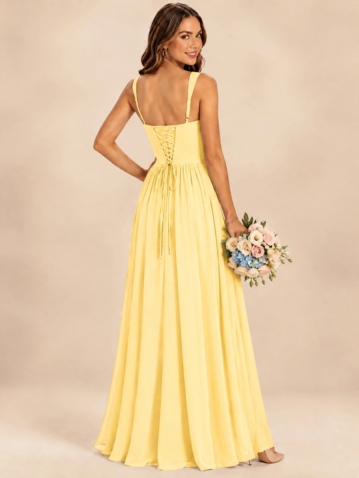 Spaghetti Straps Pleated Chiffon Bridesmaid Dress with Ruffle Slit