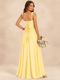 Spaghetti Straps Pleated Chiffon Bridesmaid Dress with Ruffle Slit