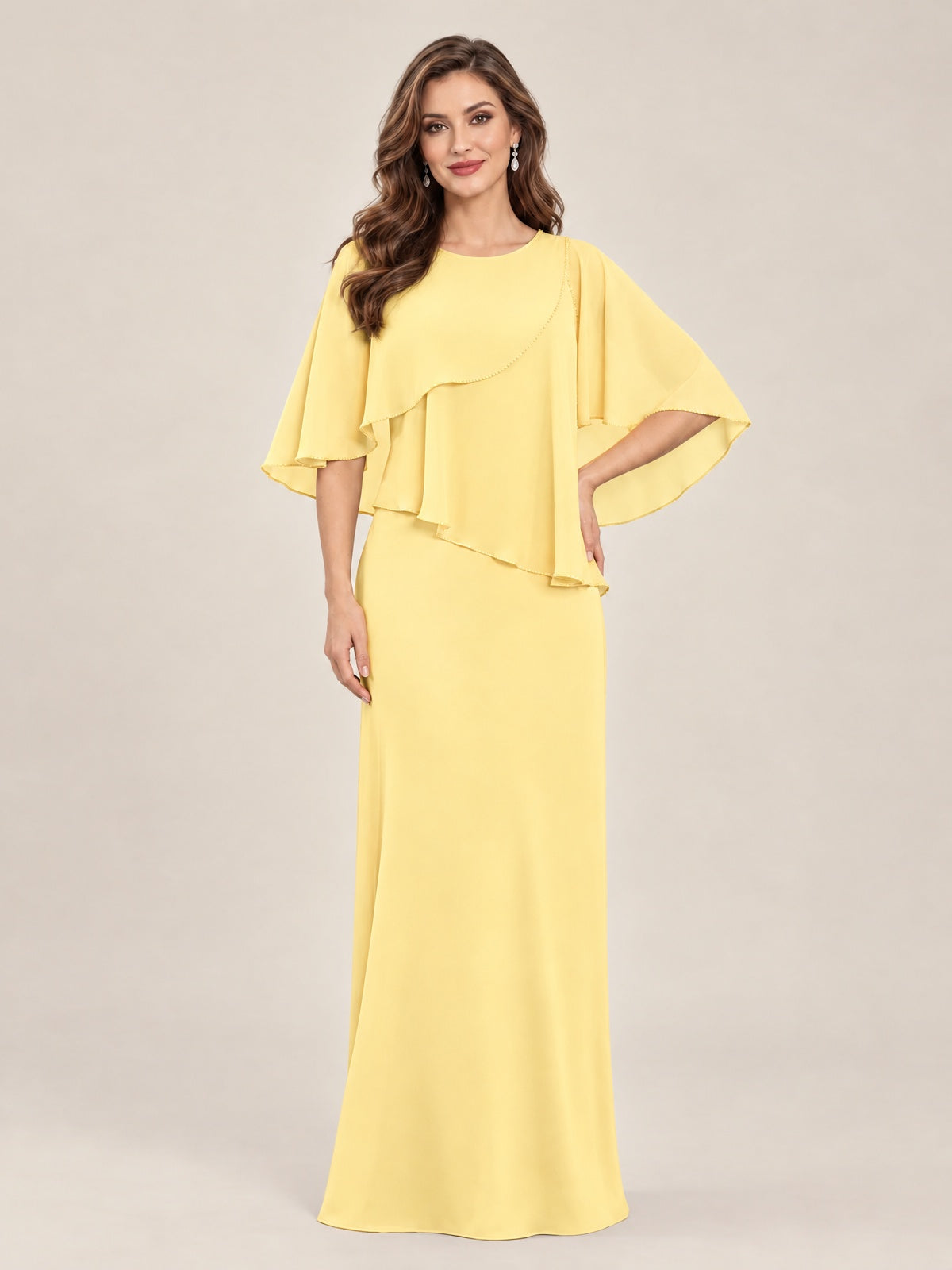Yellow-Chiffon 2 Piece A Line Mother of The Bride Dresses with Cape