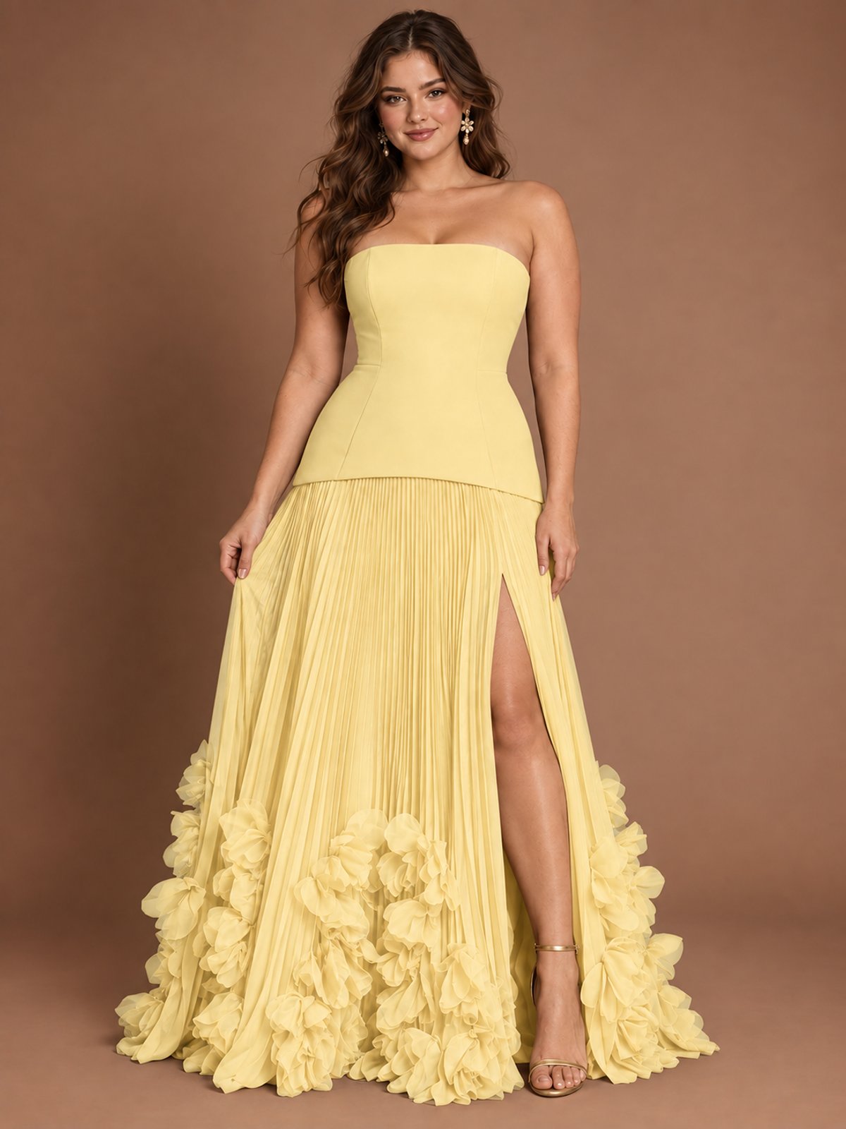 Strapless Pleated Floral Satin Formal Dress with Side Slit