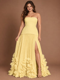 Strapless Pleated Floral Satin Formal Dress with Side Slit
